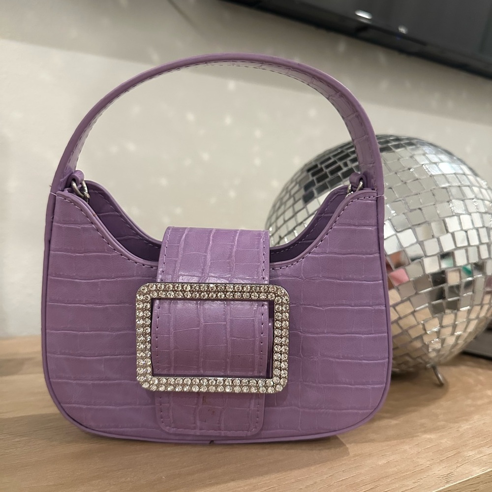 Purple Croc-Embossed Rhinestone Buckle Handbag with Strap